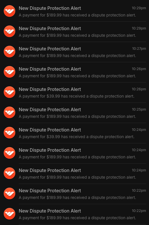 Whop's dispute protection notifications showing a series of alerts